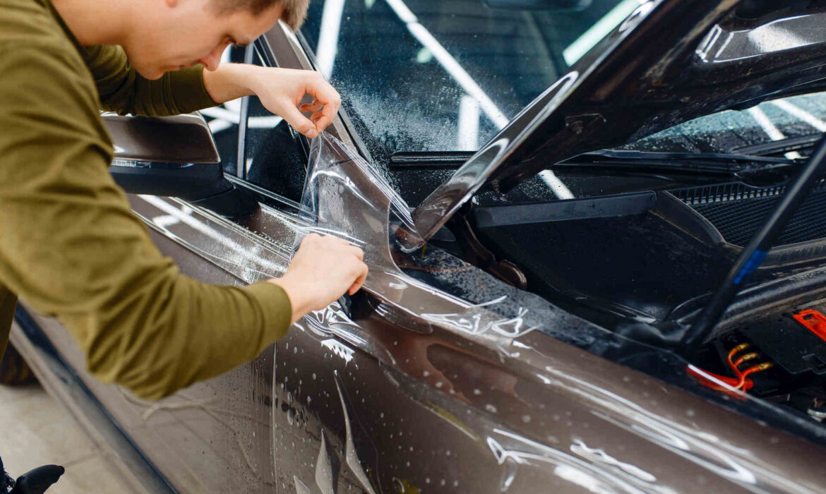 paint protection film being installed on a car in Tx