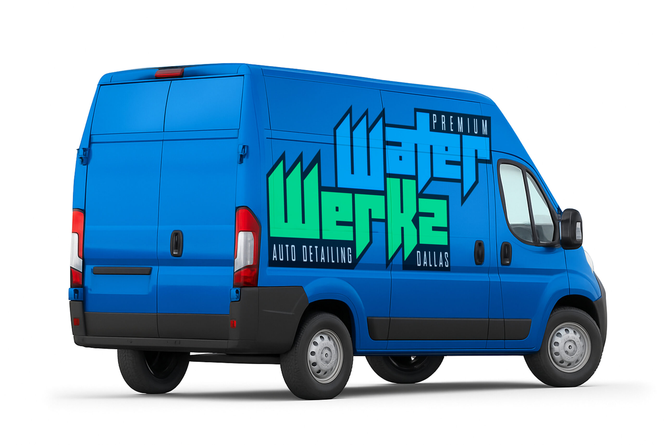 White van isolated on white. Rear view. Delivery and carrying transportation concept. 3d illustration